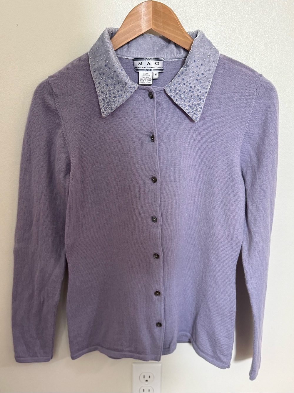 Magaschoni Lavender Wool Cardigan Beaded rayon silk  Collar Vintage Y2K - Picture 5 of 17